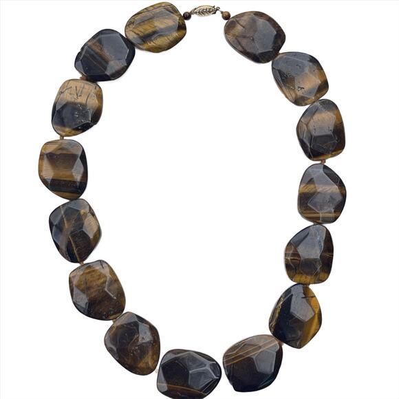 Tigers Eye Bead Necklace 14k Yellow Gold